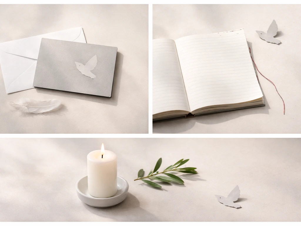 Minimal photo collage showing a dove emoji concept for condolences, freedom, and peace using handwritten-style cards