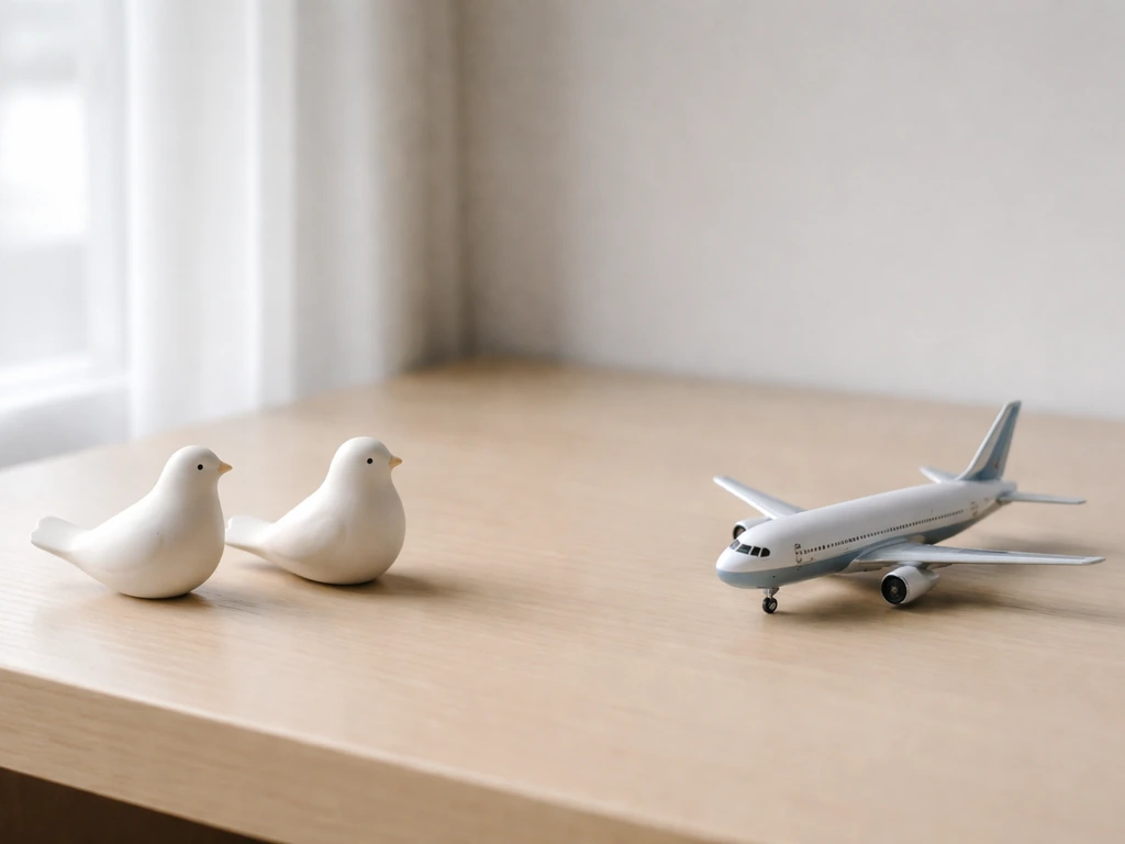 Small dove-like figurine beside an airplane model, with another bird-like figure suggesting common misreads.
