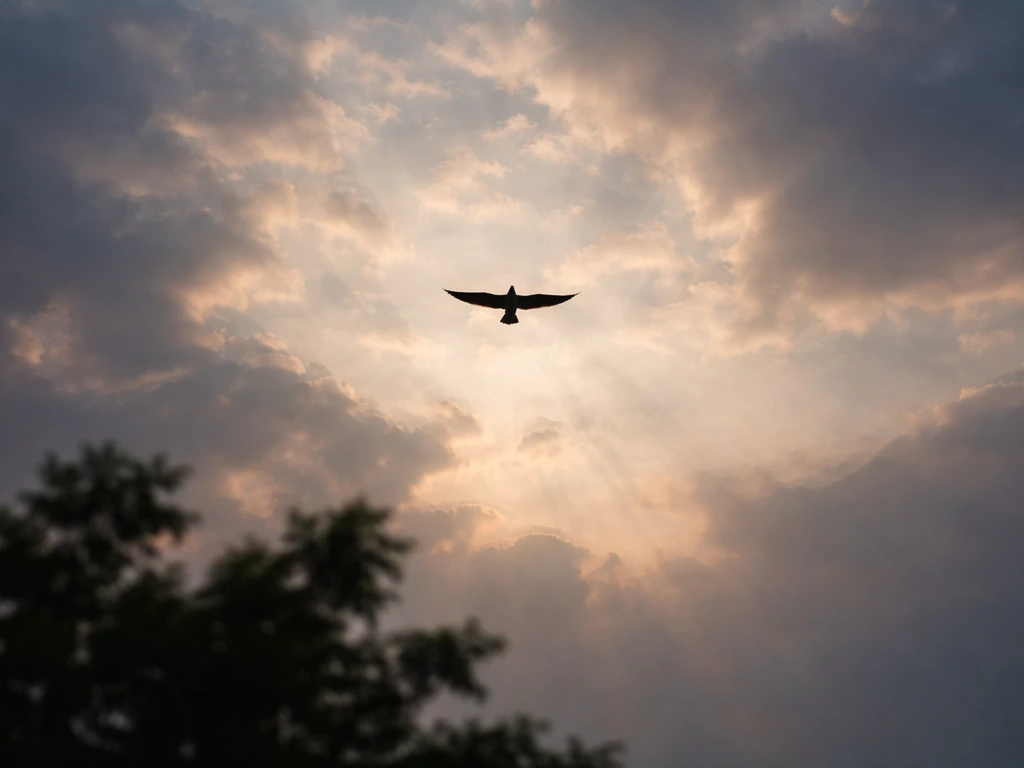 A bird flies overhead against a dramatic twilight sky, seen from ground level.