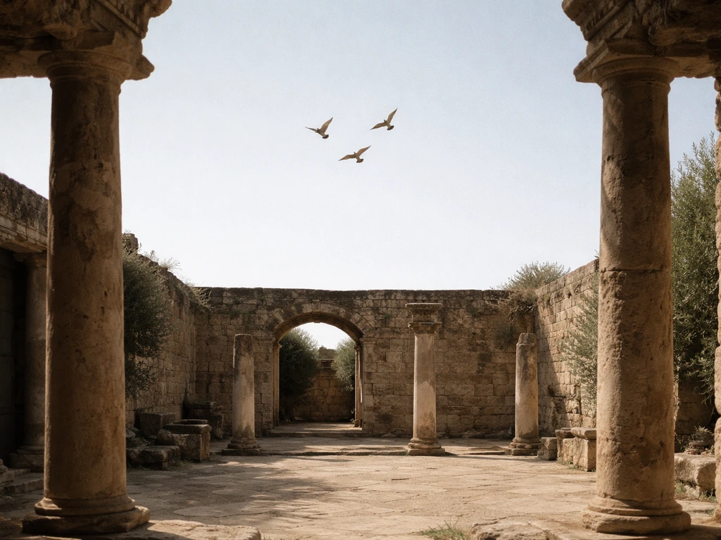 A few birds soar overhead above an ancient stone courtyard, evoking an omens-and-messages belief.