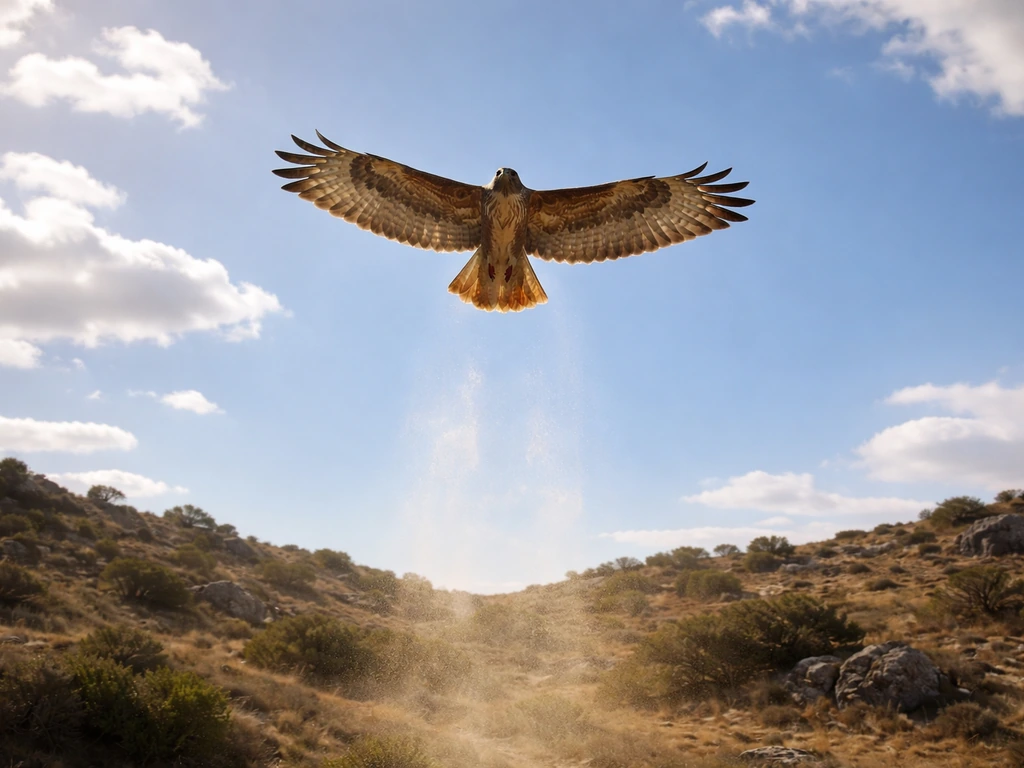 Large raptor soaring upward in a rising warm-air column over uneven, sunlit ground.