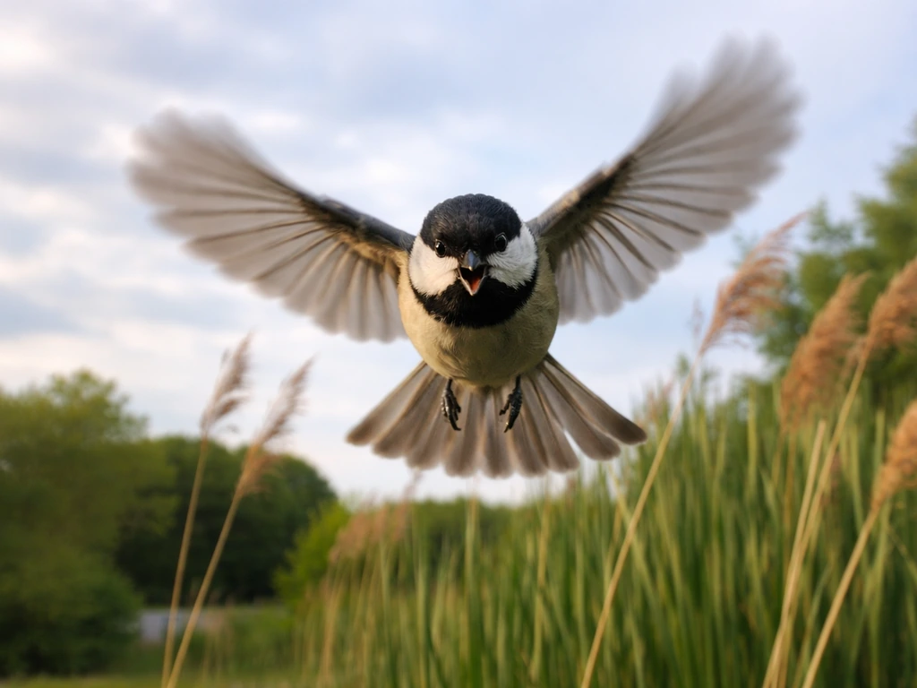 Songbird flying overhead with an alert display near nesting reeds, no people visible.