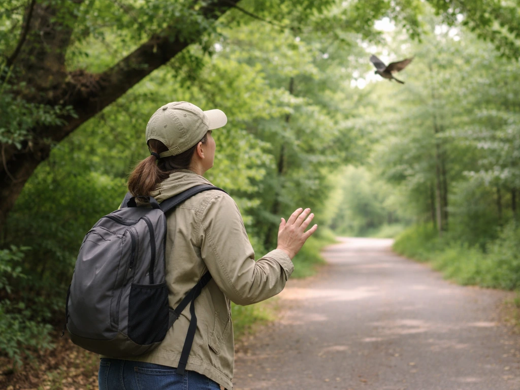 Person in a park stepping back from a nearby bird flying overhead near a tree branch