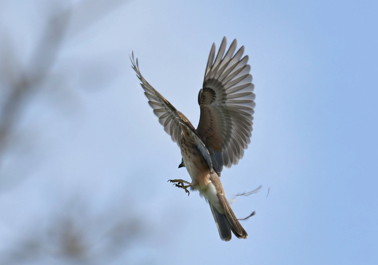 Close-up of a bird banking in midair with wing asymmetry and a tilted body for stability