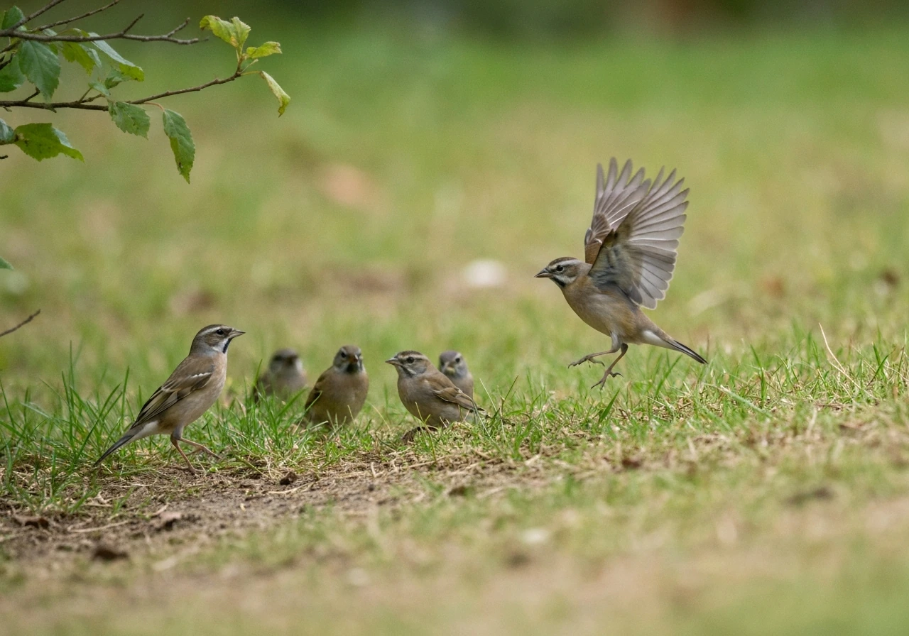 Small birds taking off from the ground, wings outstretched as they escape and head toward nearby insects.