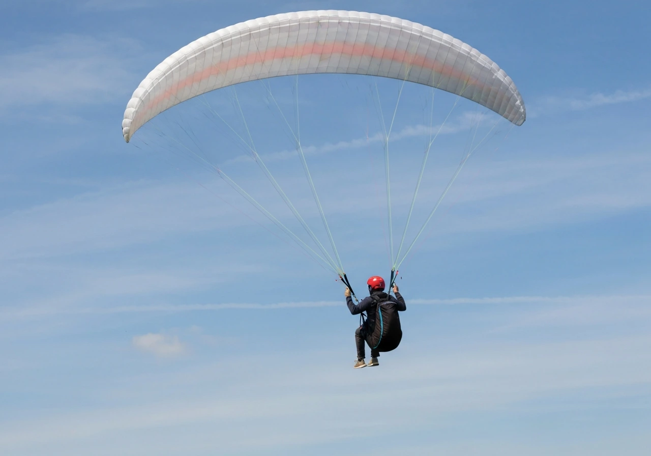 Helmeted paraglider gliding in a calm blue sky under an overhead wing canopy like a bird.