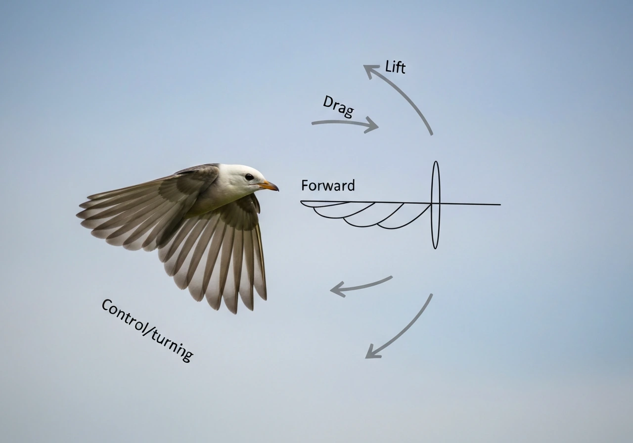 Close-up of a bird-like airfoil with four unlabeled force arrows for lift, drag, thrust, and control.