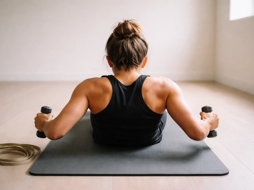 Anonymous athlete on a mat doing a controlled shoulder rotator-cuff and scapular engagement drill in soft light