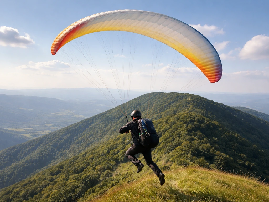 Anonymous paragliding pilot gliding above a ridgeline under a canopy, using thermals in clear daylight.