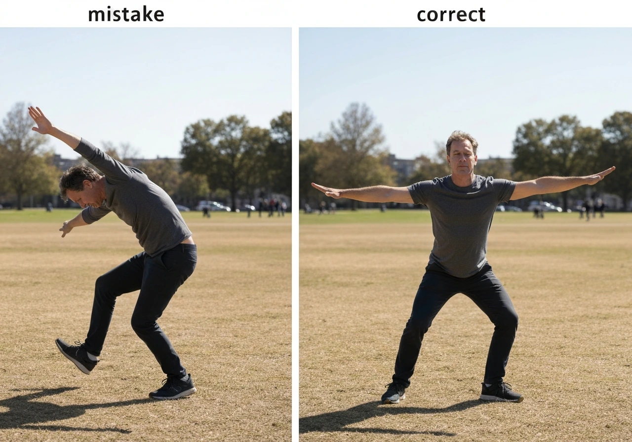 Two-panel photo showing a person flapping incorrectly versus a correct aerodynamic posture outdoors.