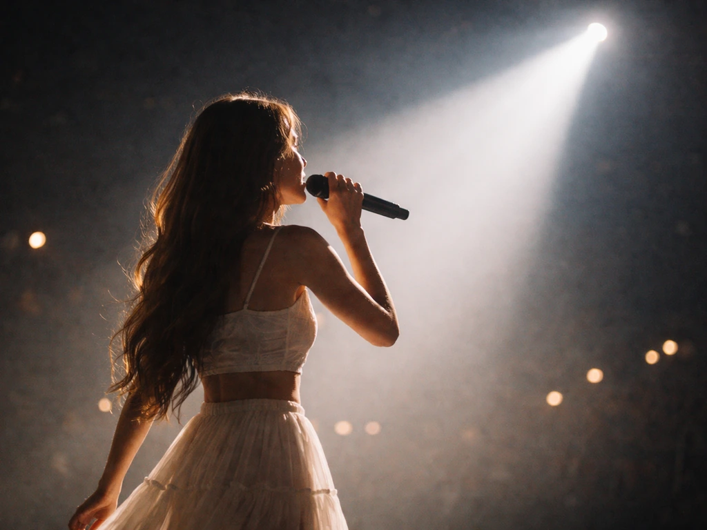 Singer on a dim concert stage under a spotlight, microphone in hand, light haze behind.
