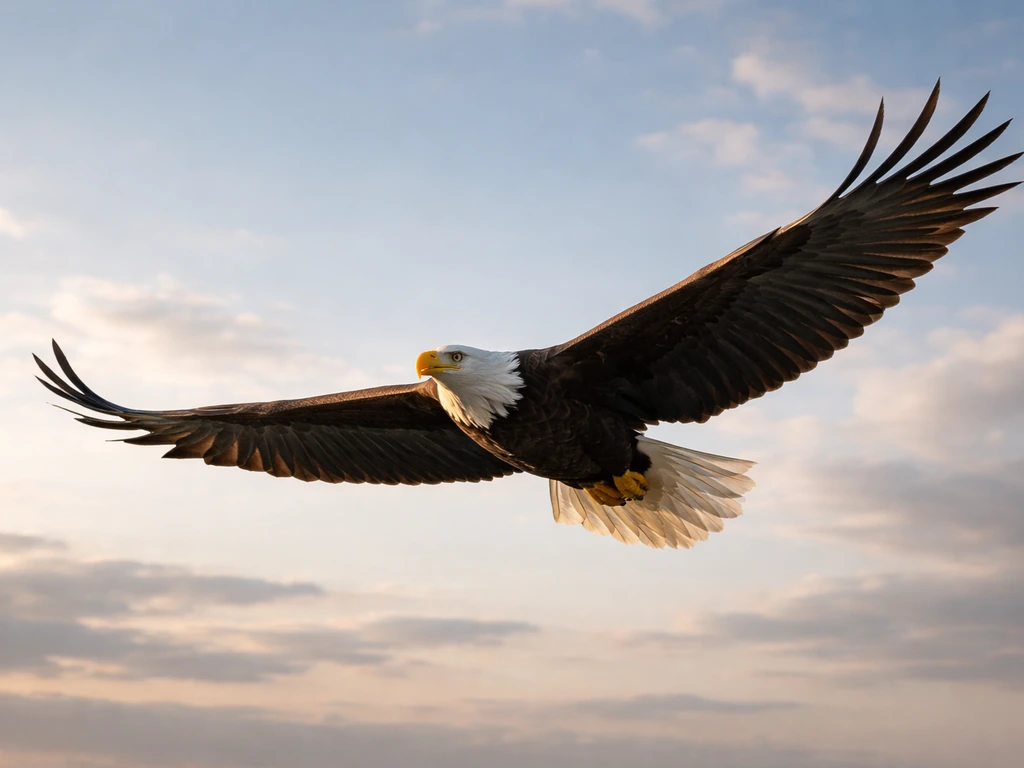 A soaring bird with wings extended in mid-flight against a soft cloudy sky.
