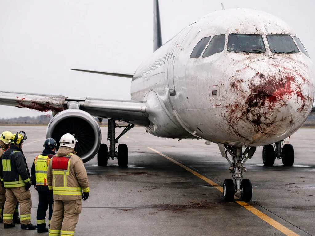 Commercial airliner on runway with visible leading-edge bird-strike scuffing and emergency responders nearby