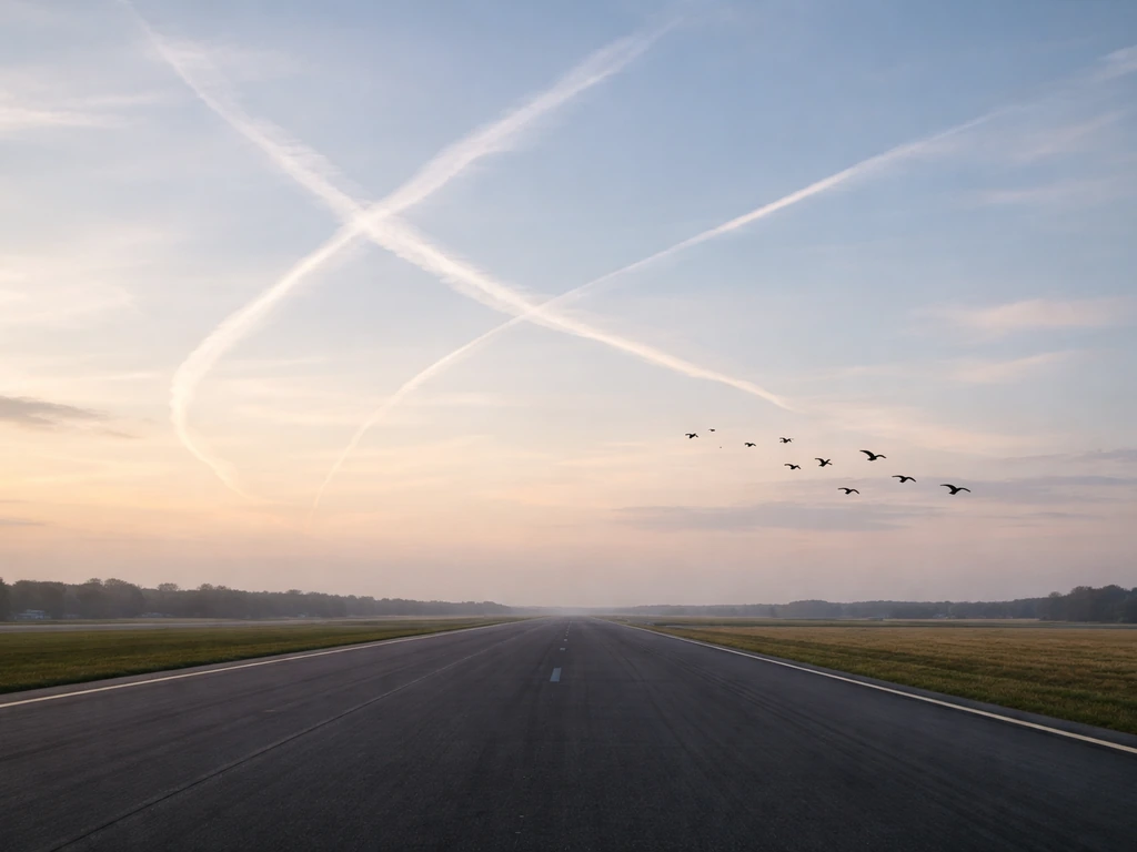 A small flock of birds flies near an airport as faint overlapping flight corridors cross in the sky.