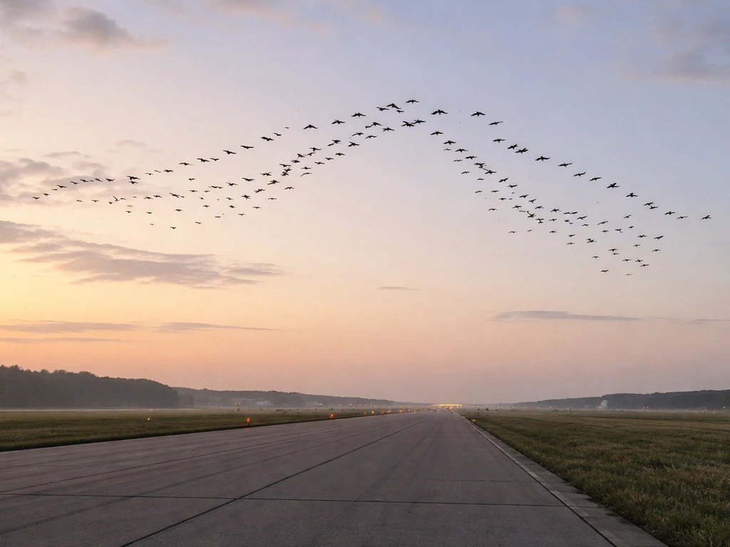 Flock of small birds flying in a V-shaped formation near an airport runway during spring light