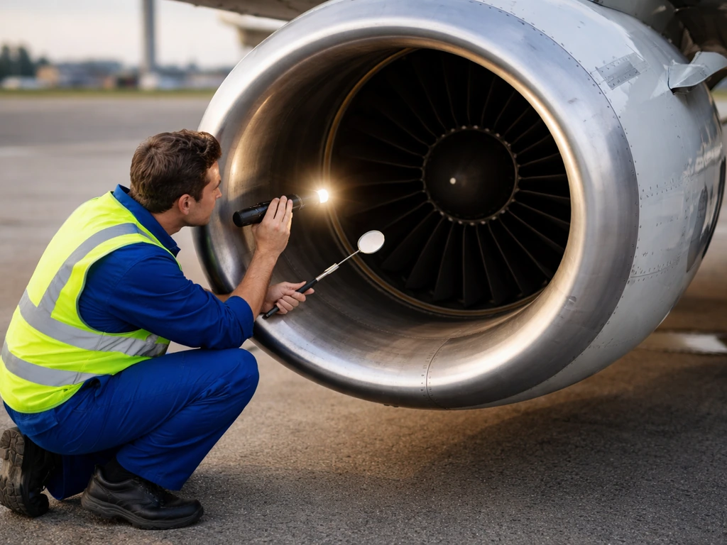 Mechanic in coveralls examines an aircraft engine intake during a post-strike inspection