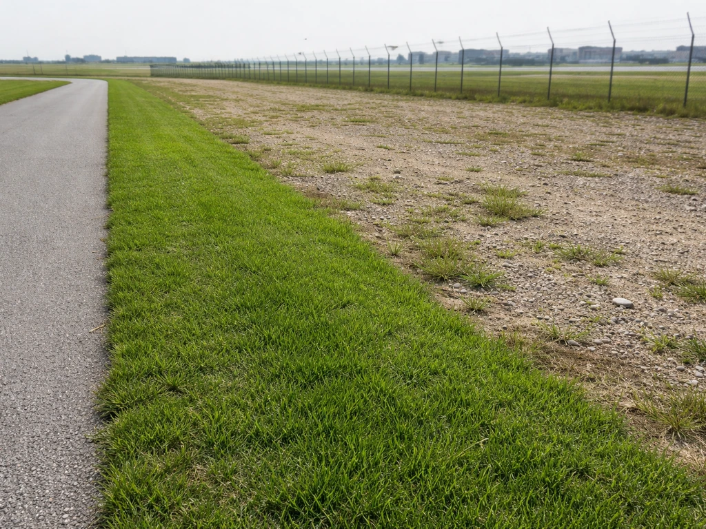Airport service yard with short, trimmed grass and bare ground to reduce bird foraging.