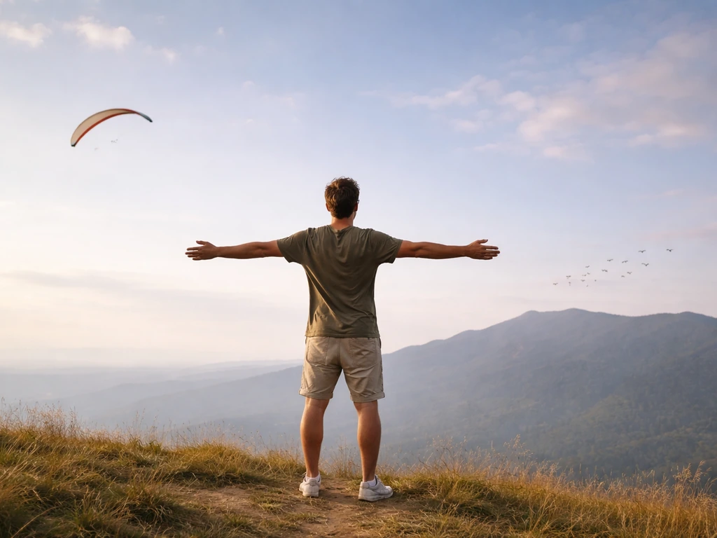 Three symbolic scenes: a soaring kite, a person with arms spread gliding in wind, and a calm cultural sky silhouette