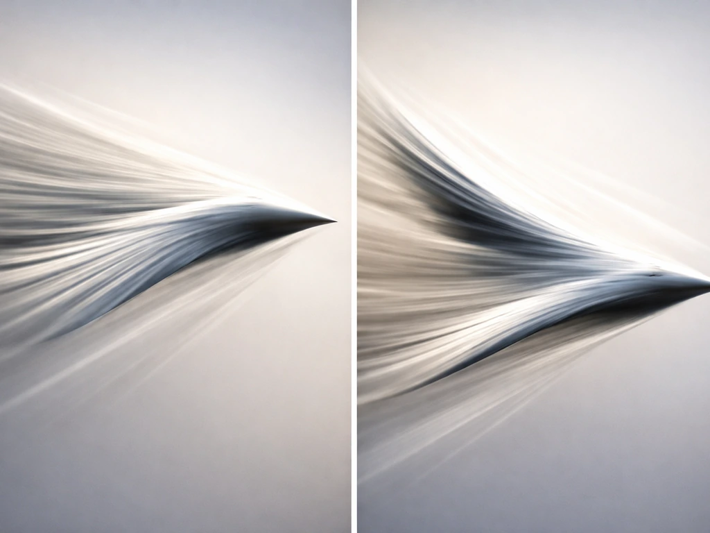 Split-view of a wing airfoil generating lift and thrust, with subtle airflow streaks and wing rotation.