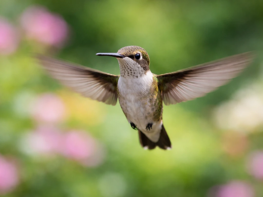 Hummingbird hovering with blurred wings, oriented as if flying backward, against a softly blurred garden background.