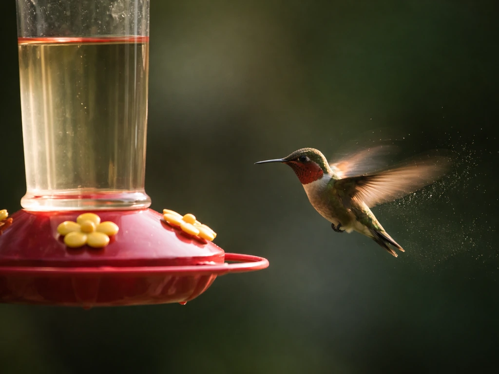 A hummingbird hovers near a feeder with subtle motion blur suggesting forward and brief reverse motion.