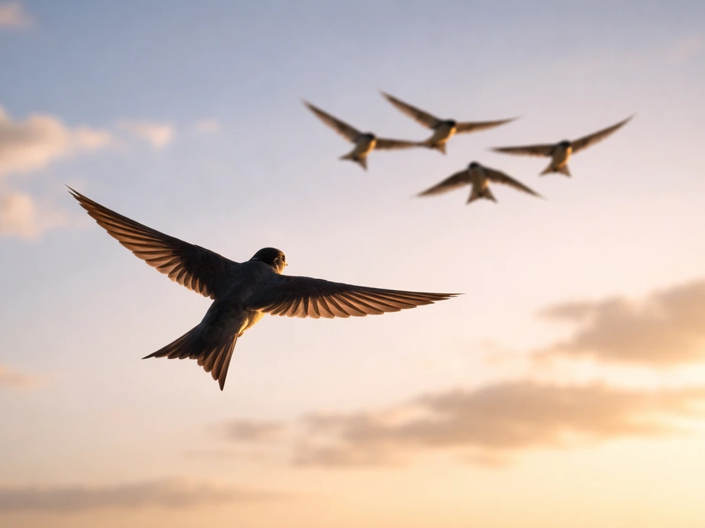 A lone bird in flight with a small group of birds approaching from behind in open sky.