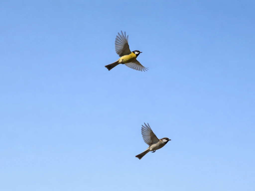 One bird in midair as another bird enters its flight path against a clear sky