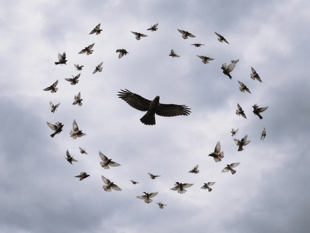 Small songbirds swarm a larger raptor in flight during a dramatic aerial mobbing chase.