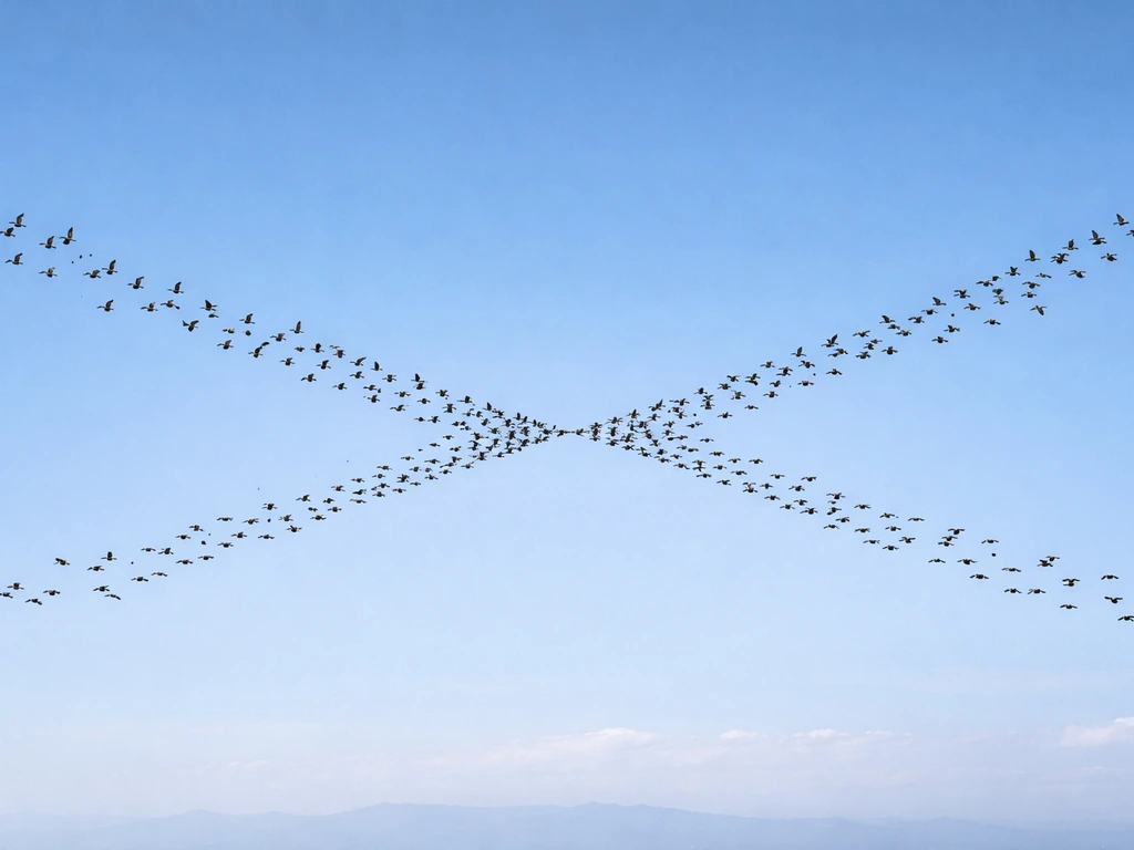 Two flocks of birds merge midair into a single aligned migration corridor under a clear sky.