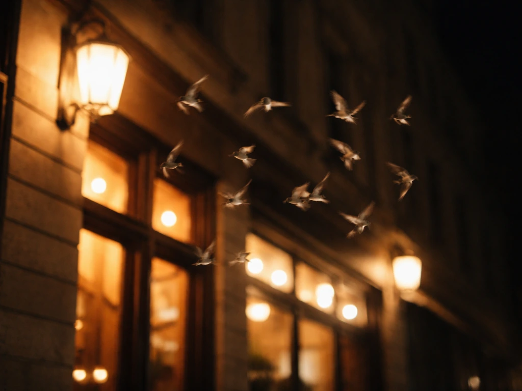 Nighttime birds circling in a chaotic loop near warm-lit building windows and blurred signage lights.