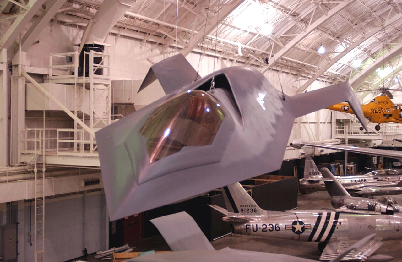 Boeing Bird of Prey stealth technology demonstrator displayed in a museum hangar