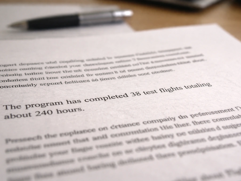 Close-up of a 2002 press release excerpt on paper mentioning 38 test flights, on a simple desk.