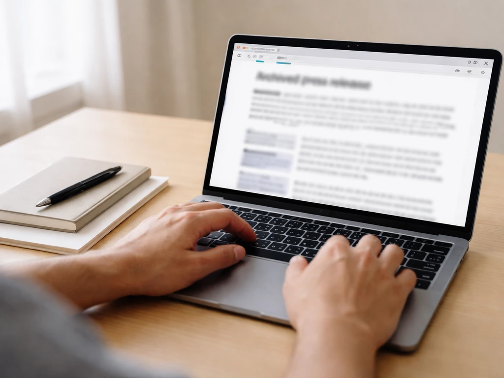 Hand using laptop to cross-check an old official press release in a clean verification checklist layout
