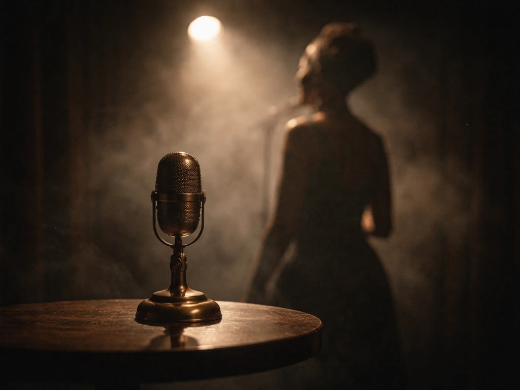 Vintage microphone in warm light with a faint silhouette of Nina Simone at a quiet jazz stage