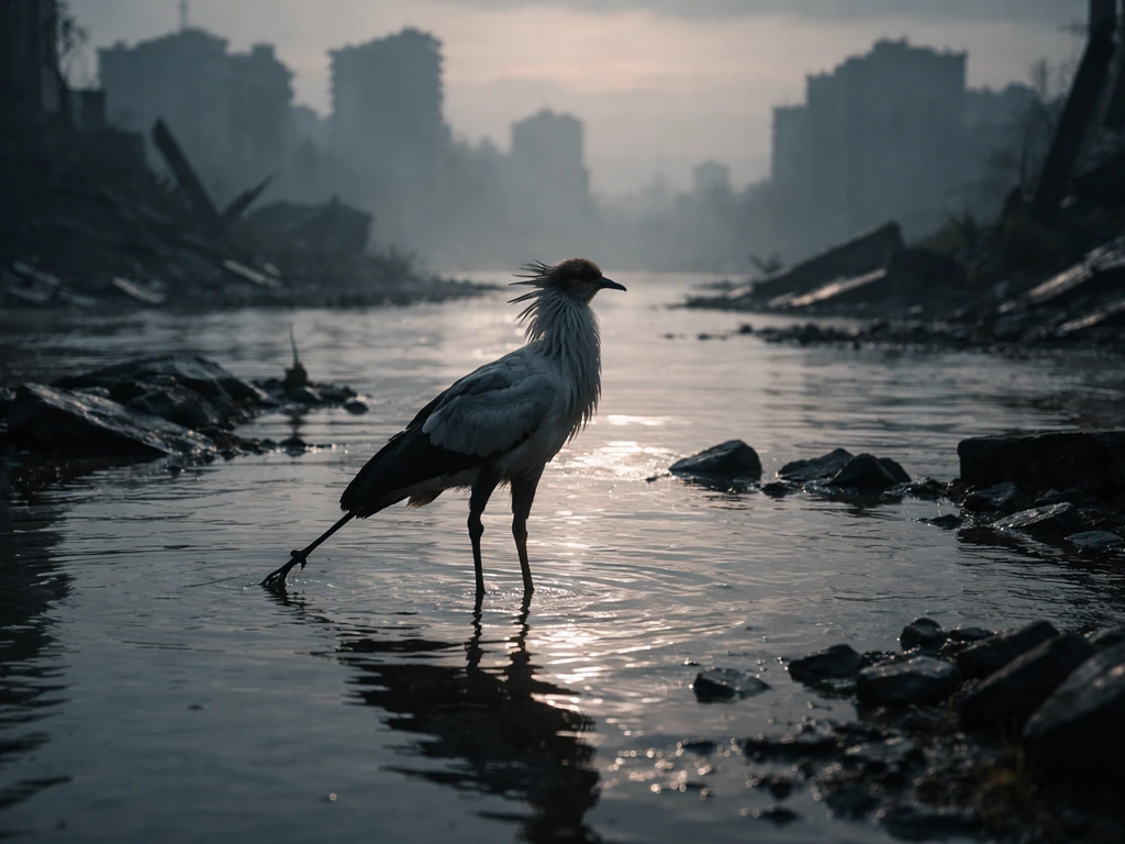 A secretary bird standing in a flooded, ruined landscape at dusk, cinematic and mysterious.