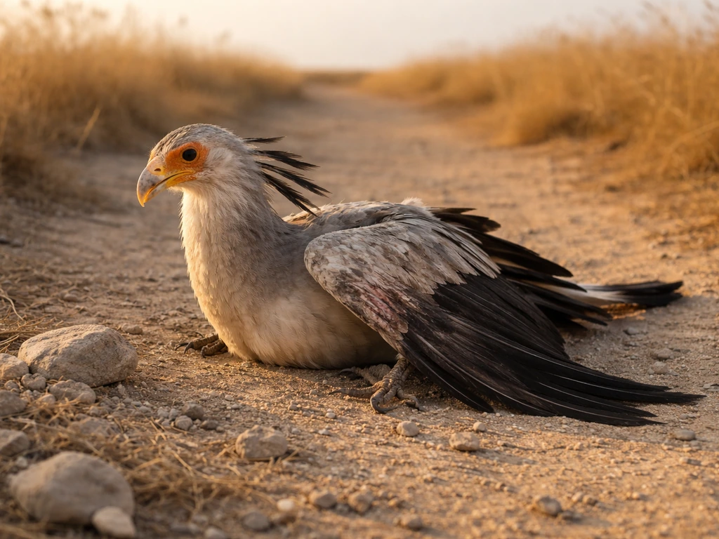 Secretary bird on the ground with a drooping, visibly broken wing in warm golden-hour light.