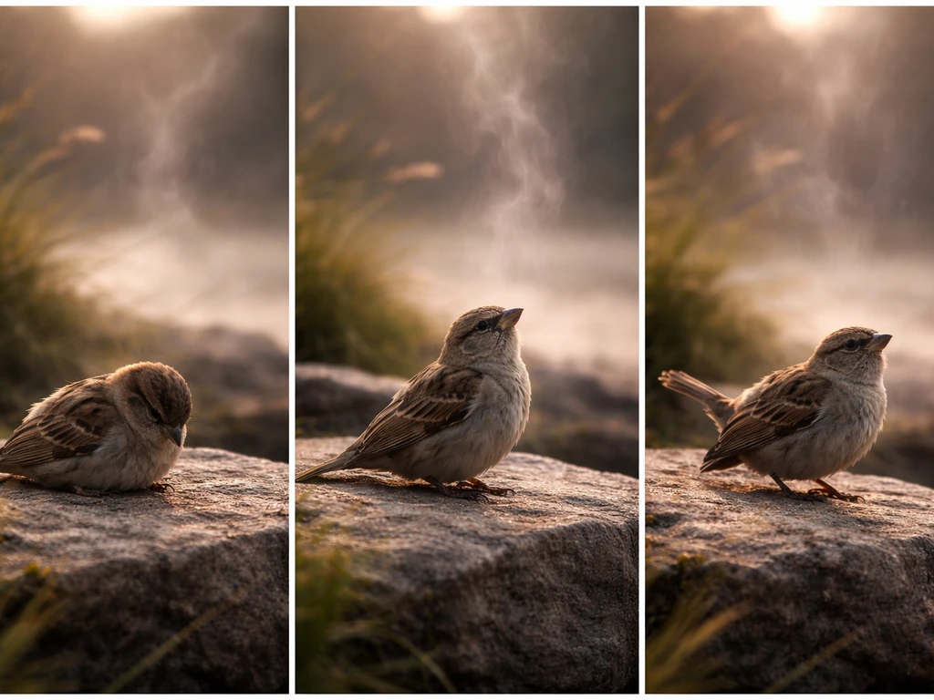 Three still-like views of a grounded injured bird on a rock as it looks toward an ascending mist