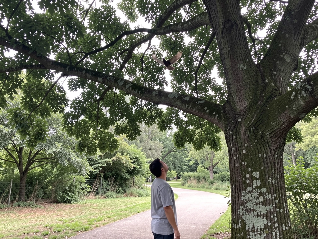 Person observing bird flight pattern from a safe distance near a tree