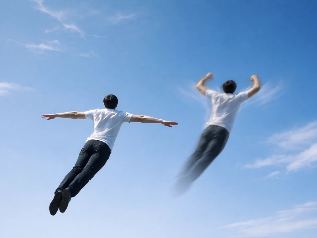 Surreal sky scene showing a single figure flying in different bird-like ways: soaring and flapping