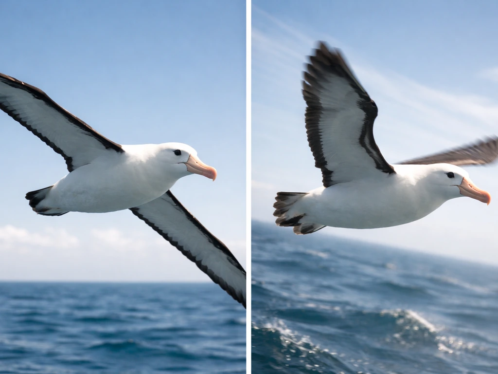 Close-up of an albatross gliding smoothly versus struggling to gain lift with visible wing motion blur.