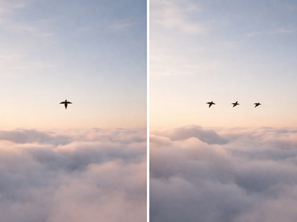 A solitary figure flies alone above clouds, contrasted with three figures flying together nearby.