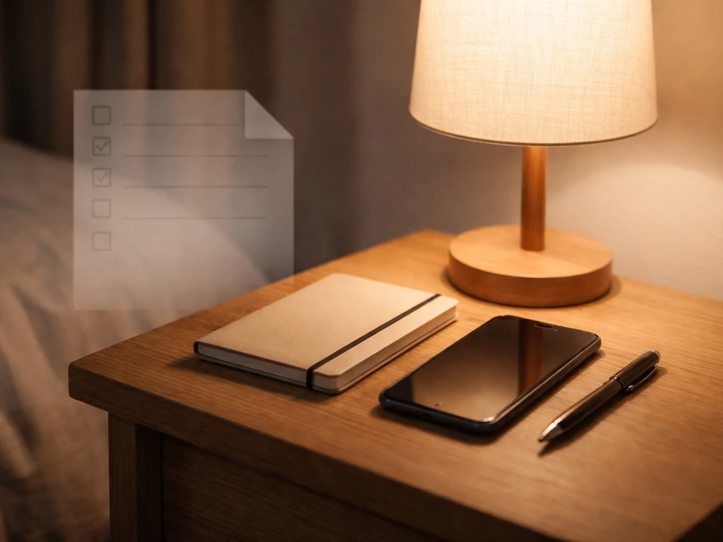 Notepad and phone on a bedside table at night, ready for dream journaling