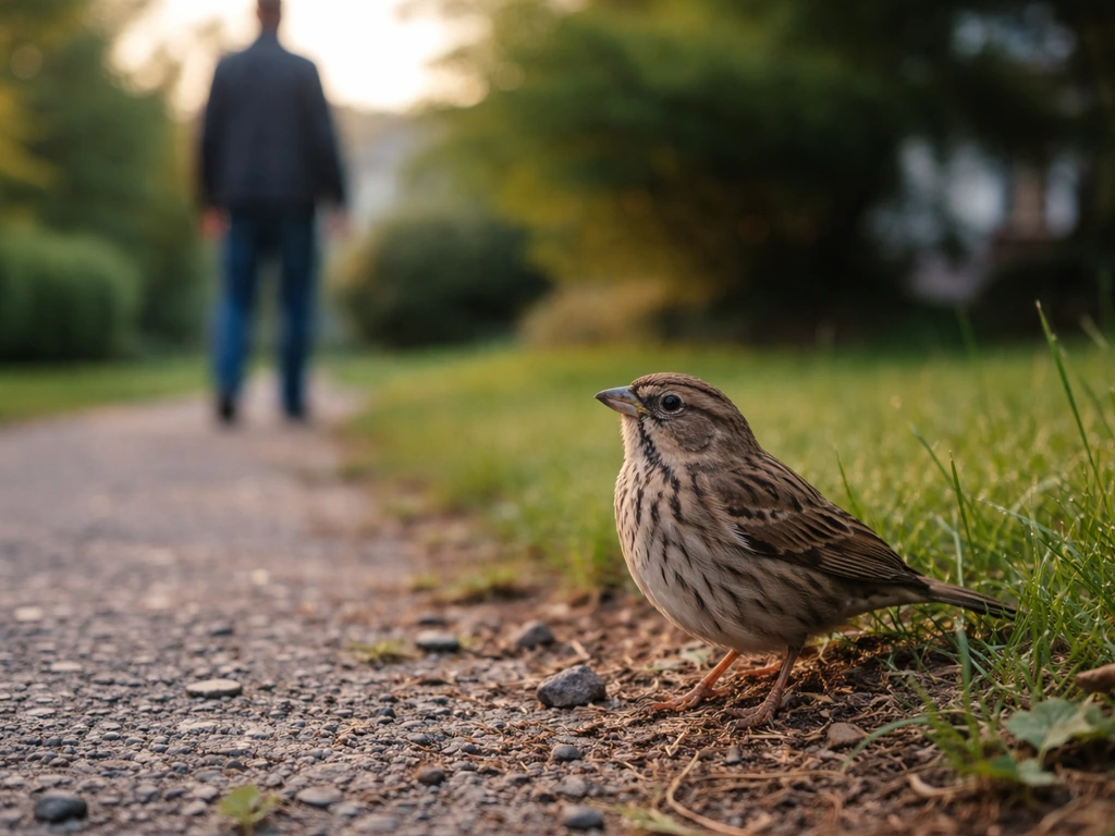 A wild bird grounded near a yard path as a person stays back at a safe distance