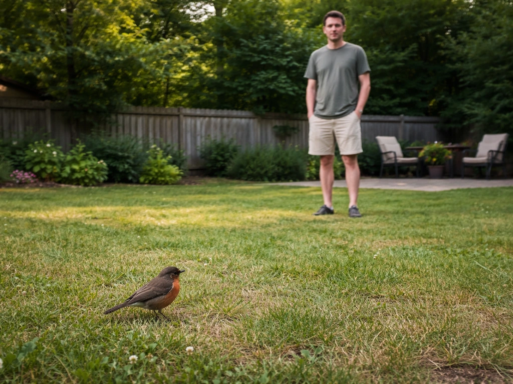 Person standing back in a quiet yard, watching a stationary bird in the foreground.