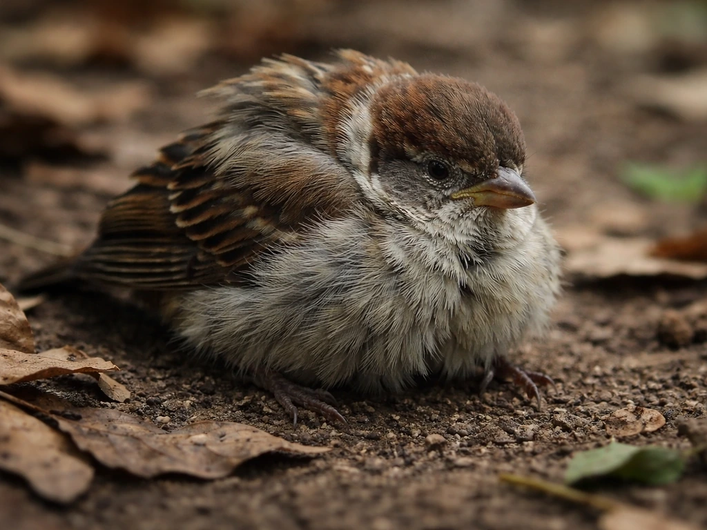 Grounded bird with fluffed feathers, hunched uncomfortable posture in a quiet outdoor setting.