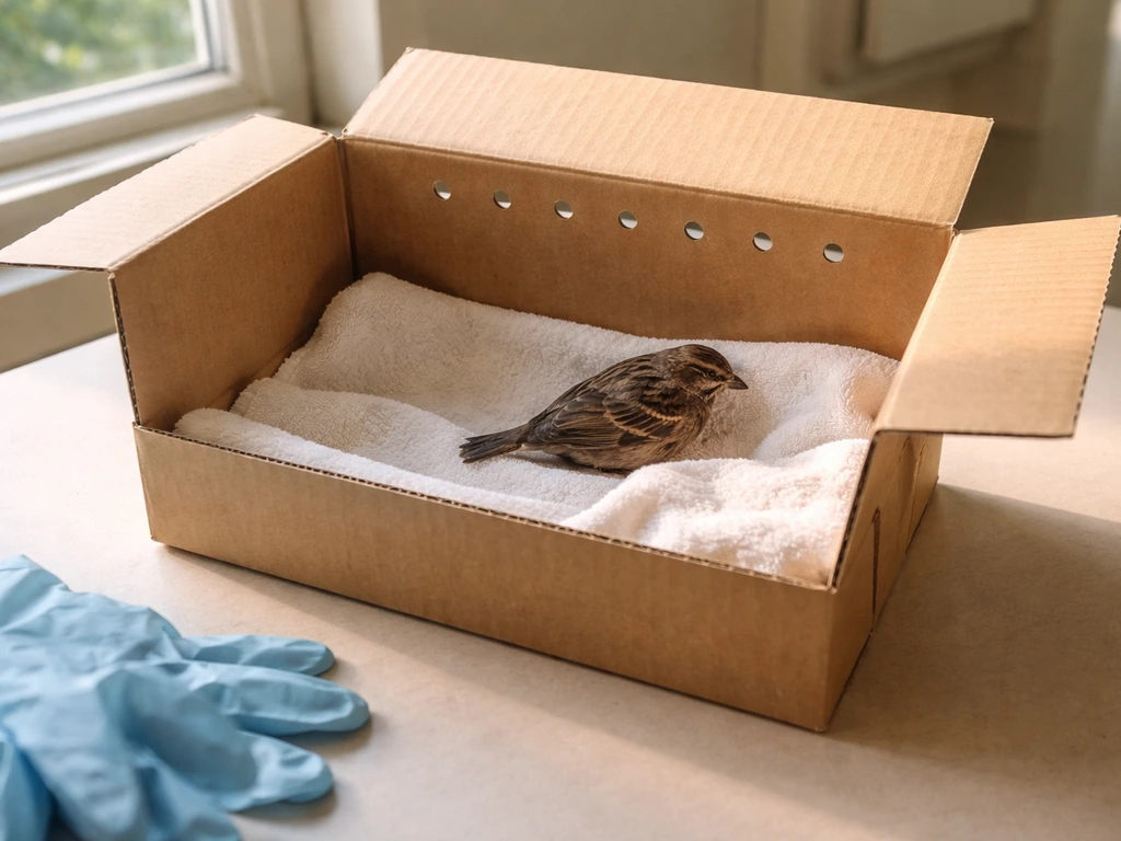 Injured bird safely contained in an air-holed cardboard box lined with soft cloth, calm minimal scene.