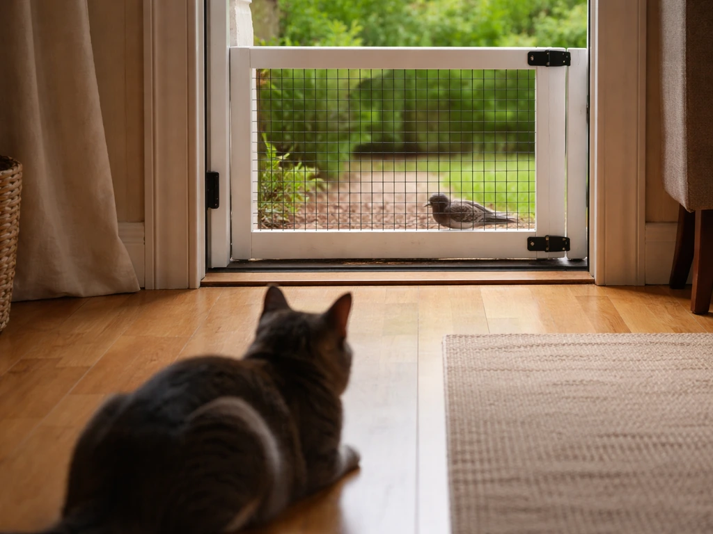Indoor pet behind a closed doorway barrier while a grounded bird waits outside safely.