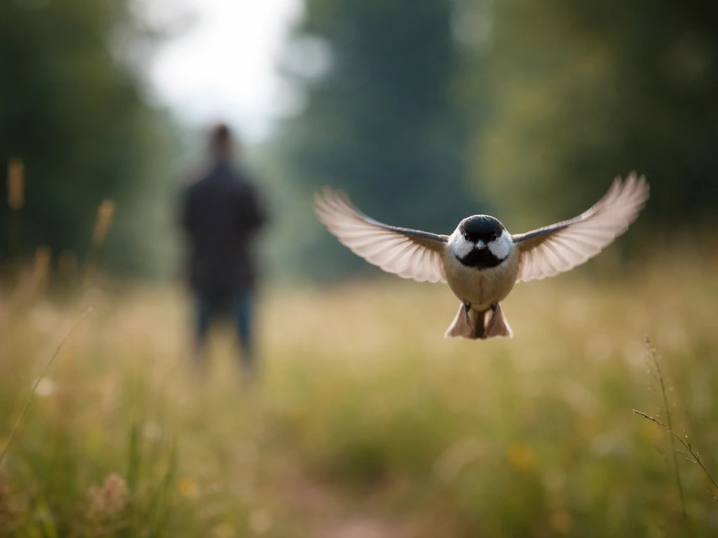 A small bird flies straight toward a motionless bird-watcher in a calm outdoor field.