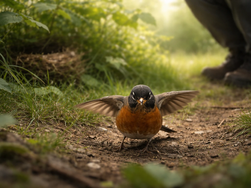 Low-level small bird near the ground approaching a quiet person’s space, suggesting nesting proximity.