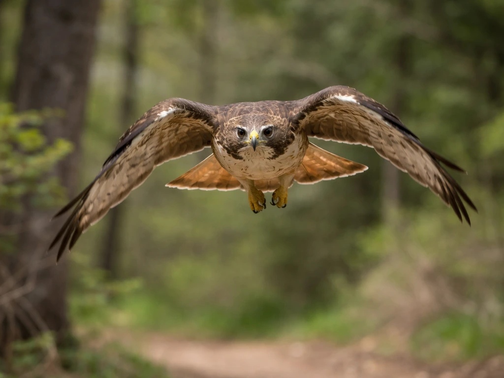 Red-tailed hawk making a direct, assertive approach during nesting season near a quiet forest edge.